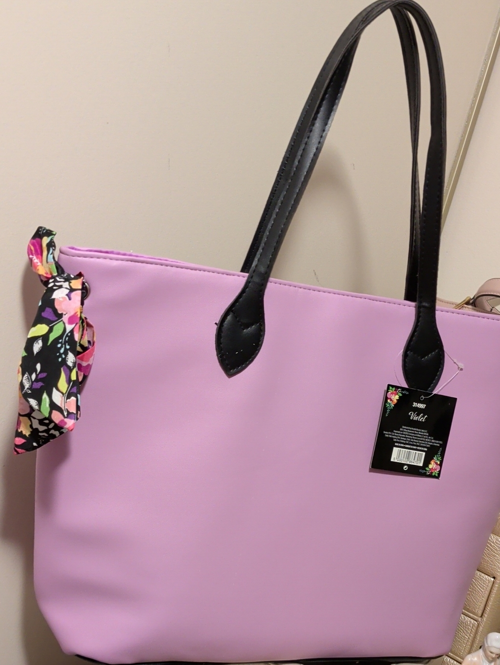 VIOLET lilac Colour LargeTote with Black Handles and Floral Scarf Accents.  New